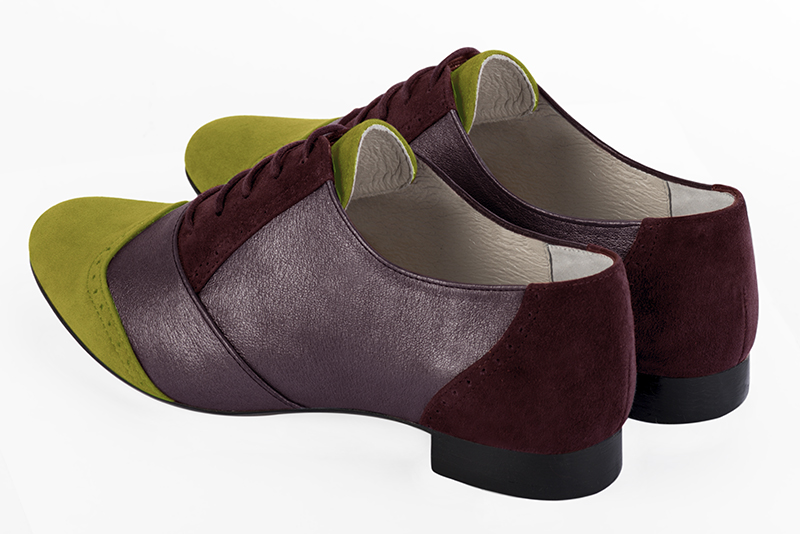 Pistachio green, mulberry purple and wine red women's fashion lace-up shoes. Round toe. Flat leather soles. Rear view - Florence KOOIJMAN